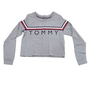 Tommy Hilfiger Crop Top Logo Half Tee Shirt Long Sleeve Colorblock Belly T-Shirt
